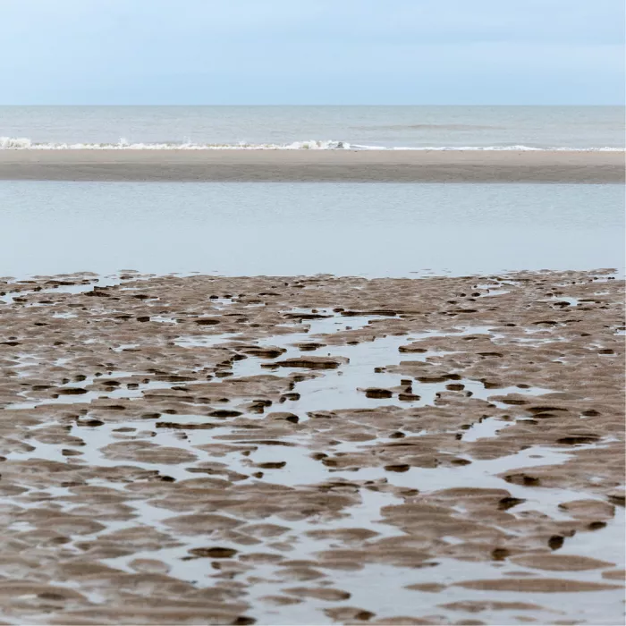 Nat strand met ribbels en plasjes bij laag water, met de branding en een lichte lucht erachter