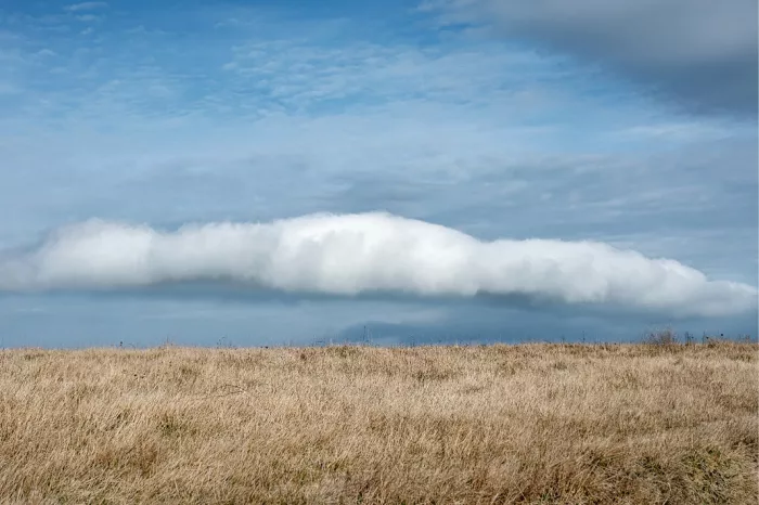 Een dramatisch landschap met een uitgestrekt, dor grasveld onder een blauwe lucht die gedomineerd wordt door één opvallende, langgerekte wolk.