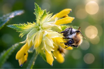 Donkere hommel op een gele bloem, de foto