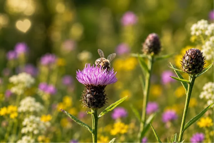 Een sfeervolle, met zonlicht overgoten foto van bijen die een felgele bloem bezoeken, met prachtige ronde bokeh op de achtergrond.