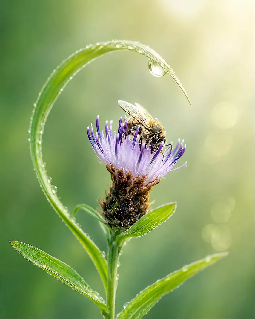 Een sprookjesachtige compositie waarbij een dauwdruppel-dragende grasspriet als een boog over een bij hangt die nectar zoekt op een knoopkruid.