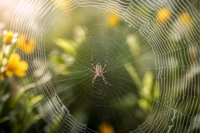 Wespspin in het midden van een groot rond web met gele bloemen op de achtergrond