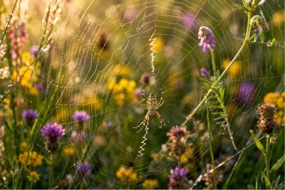 Gestreepte wespspin vangt de zon, de foto