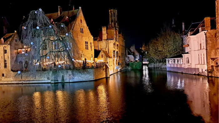 Treurwilg met lichtjes en verlichte gevels aan de reien van Brugge bij nacht