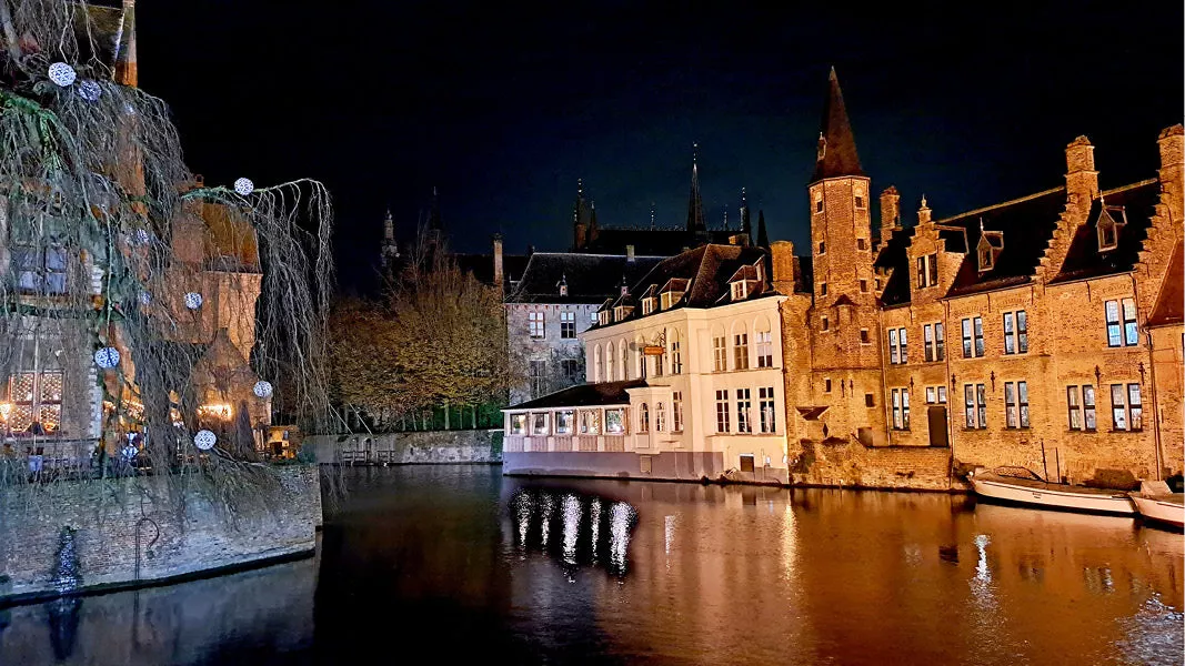 Historische gevels met trapgevels en torentjes langs de reien van Brugge bij nacht