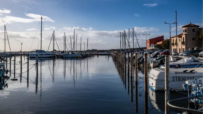 Zeilboten en houten palen spiegelen in het kalme water van een jachthaven