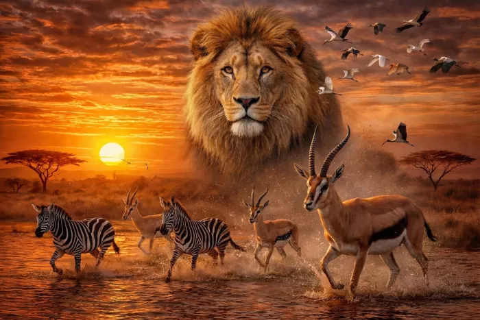 Leeuwenkop boven de savanne bij zonsondergang, met zebra's en gazellen die door het water rennen.