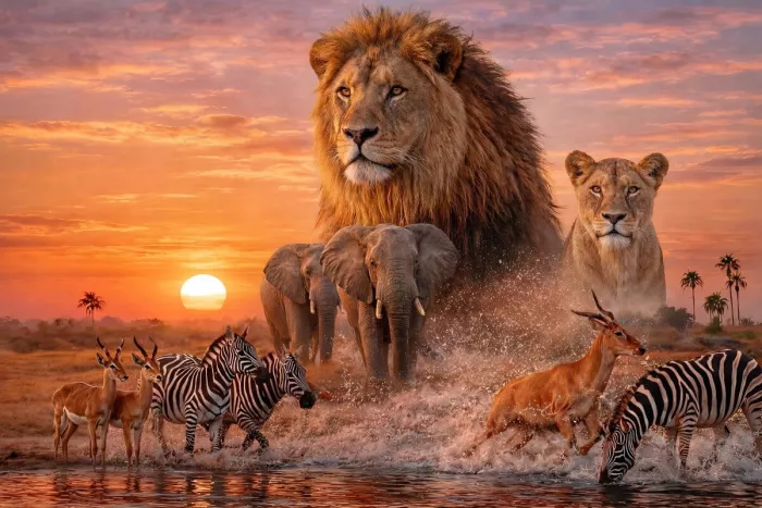 Grote leeuwenkop boven olifanten, zebra's en antilopen die door ondiep water lopen bij zonsondergang