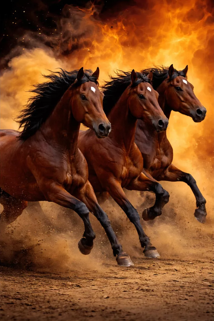 Drie bruine paarden galopperen door stof voor een achtergrond van oranje vlammen en rook.