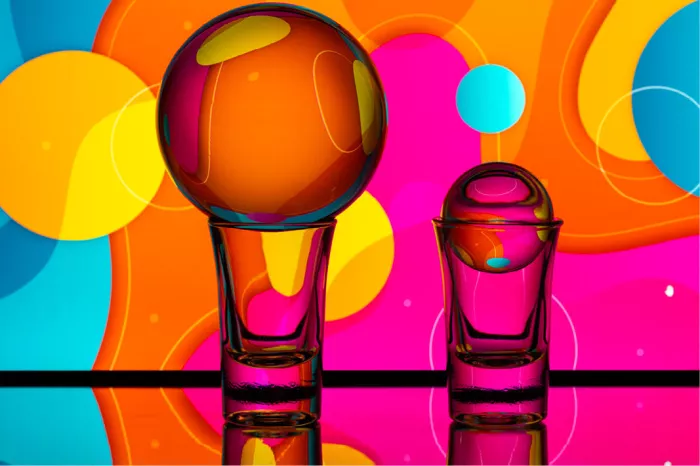 Twee lensballen op glazen voor een kleurrijke achtergrond in oranje, roze, geel en turquoise
