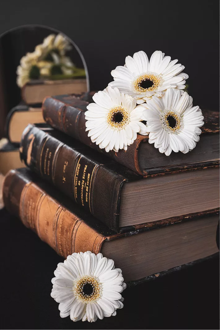 Stapel oude wetboeken met witte margrieten en een spiegel, tegen een donkere achtergrond