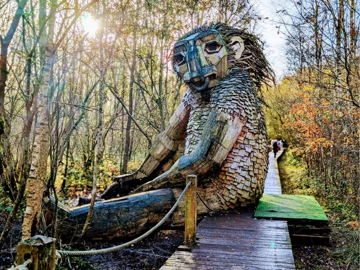 Grote houten trol naast een vlonderpad in een bos met laagstaande zon