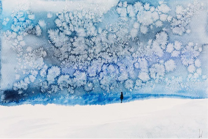 Klein silhouet in een witte sneeuwvlakte onder een blauwe lucht vol witte, ijsbloemachtige vlekken