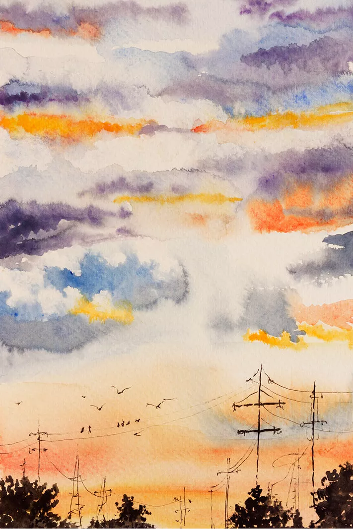 Avondlucht met paarse wolken en oranje strepen boven silhouetten van bomen, elektriciteitspalen en vogels