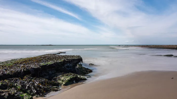 Rotsplaat met groen zeewier aan een zandstrand, met nevelig zeewater en een blauwe lucht