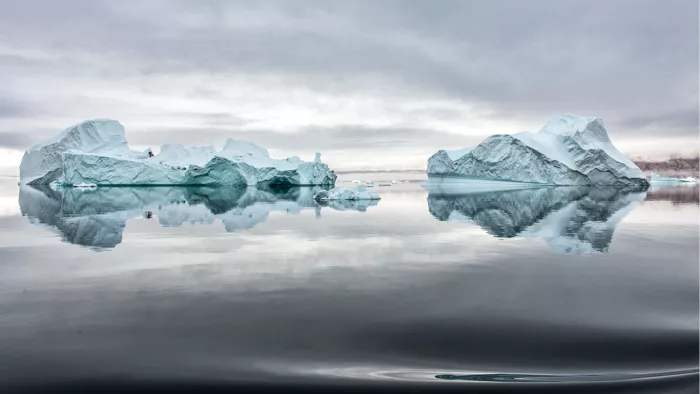 Twee ijsbergen in spiegelglad water onder een grijze poollucht met zachte rimpelingen