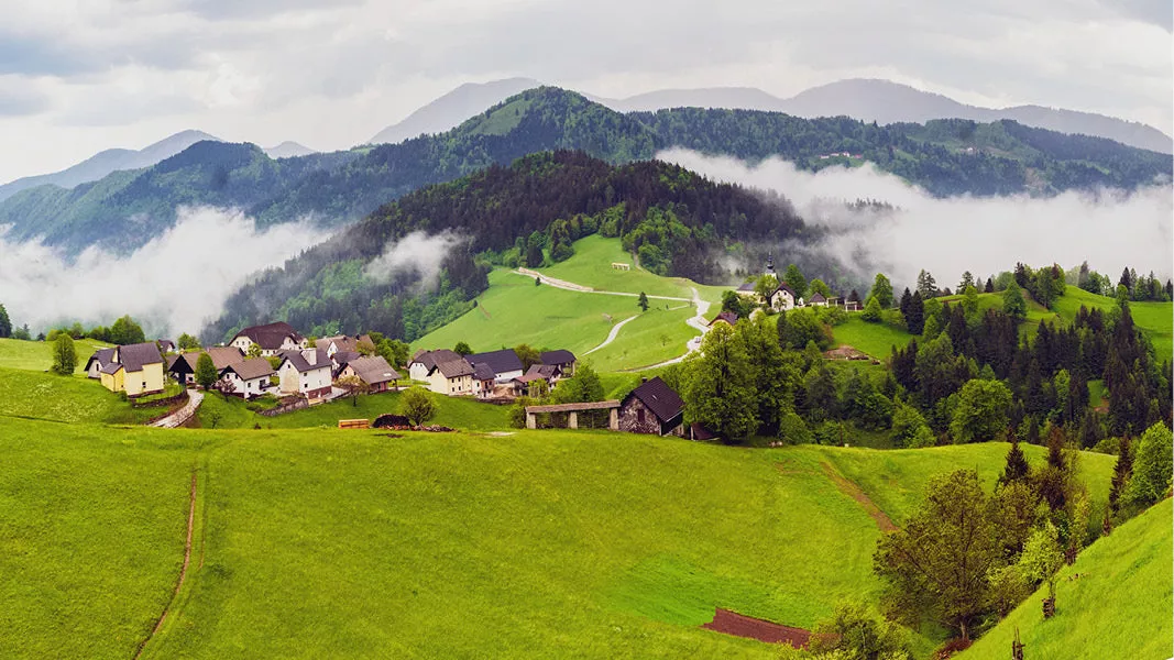 Een glooiend heuvellandschap wordt gedeeltelijk omhuld door laaghangende mist, terwijl het frisse groen en de zachte lichtinval zorgen voor een schilderachtige en serene sfeer. De combinatie van natuur, reliëf en wolkenslierten maakt dit een rustgevend landschap.
