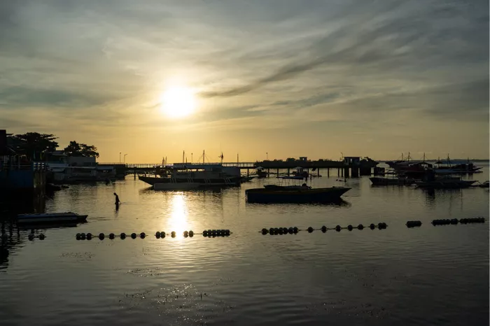 Goudgele gloed valt over de rustige haven terwijl de laagstaande zon zich spiegelt in het kalme water tussen de aangemeerde boten.