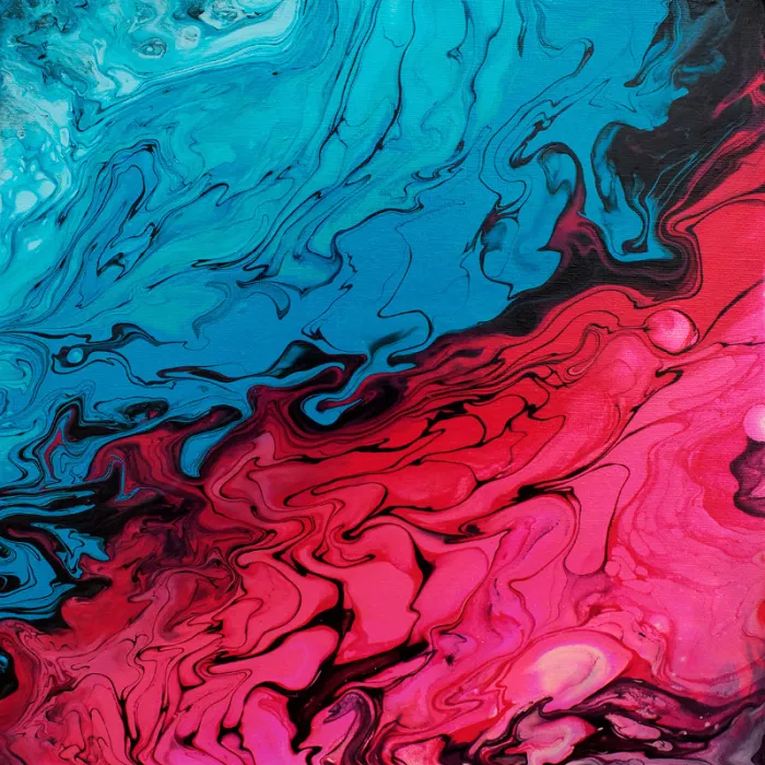Abstract schilderij met turkoois en felroze verf die schuin over het doek vloeien, gescheiden door zwarte lijnen