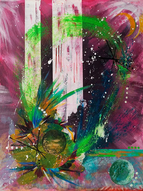 Abstract schilderij met groene uitwaaierende streken, witte banen en vlakken in roze, paars en blauw