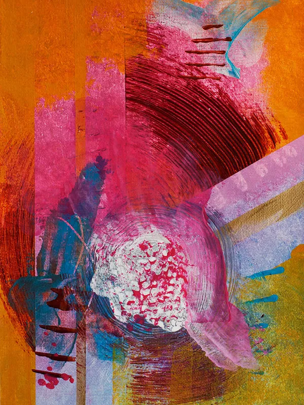 Abstract schilderij in oranje en roze met een donkerrode spiraal rond een witte, gestippelde kern
