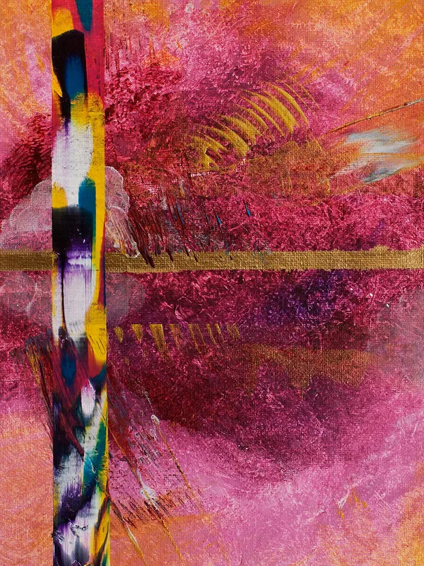 Abstract schilderij in roze en dieprood met een gouden horizontale lijn en een verticale gekleurde baan