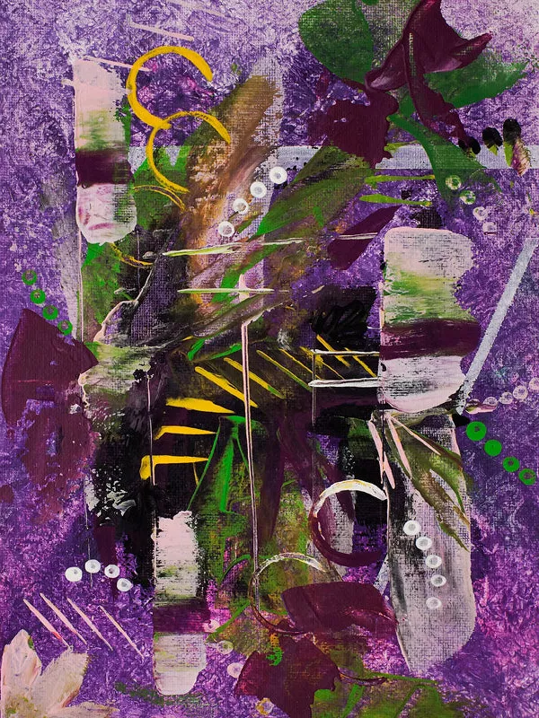 Abstract schilderij in paars en lila met roze blokken, bordeauxvormen en gele en groene accenten